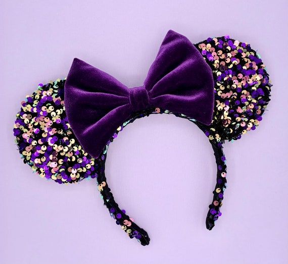 Lavender Sequin Mouse Ear Headband with Velvet Bow Haunted Victorian Mansion Mouse Ears: Purple Sequin Velvet  main image 2
