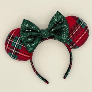 MADE TO ORDER Red and Green Plaid Christmas Mouse Ears | Headband Mouse Ears | Christmas Ears | Christmas Flannel Ears | Holiday Ears