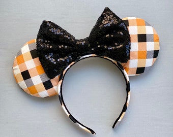 Black and Orange Check Halloween Mouse Ears | Headband Mouse Ears | Halloween Ears | FallEars
