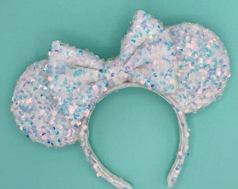 MADE TO ORDER Iridescent White Sequin and Velvet Mouse Ears | Headband Mouse Ears | Snowflake Mouse Ears | Winter Ears