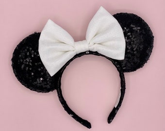 Black Sequin Mouse Ears with White Sparkly Bow | Headband Mouse Ears | Classic Ears