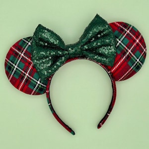 MADE TO ORDER Red and Green Plaid Christmas Mouse Ears | Headband Mouse Ears | Christmas Minnie Ears | Christmas Flannel Ears | Holiday Ears