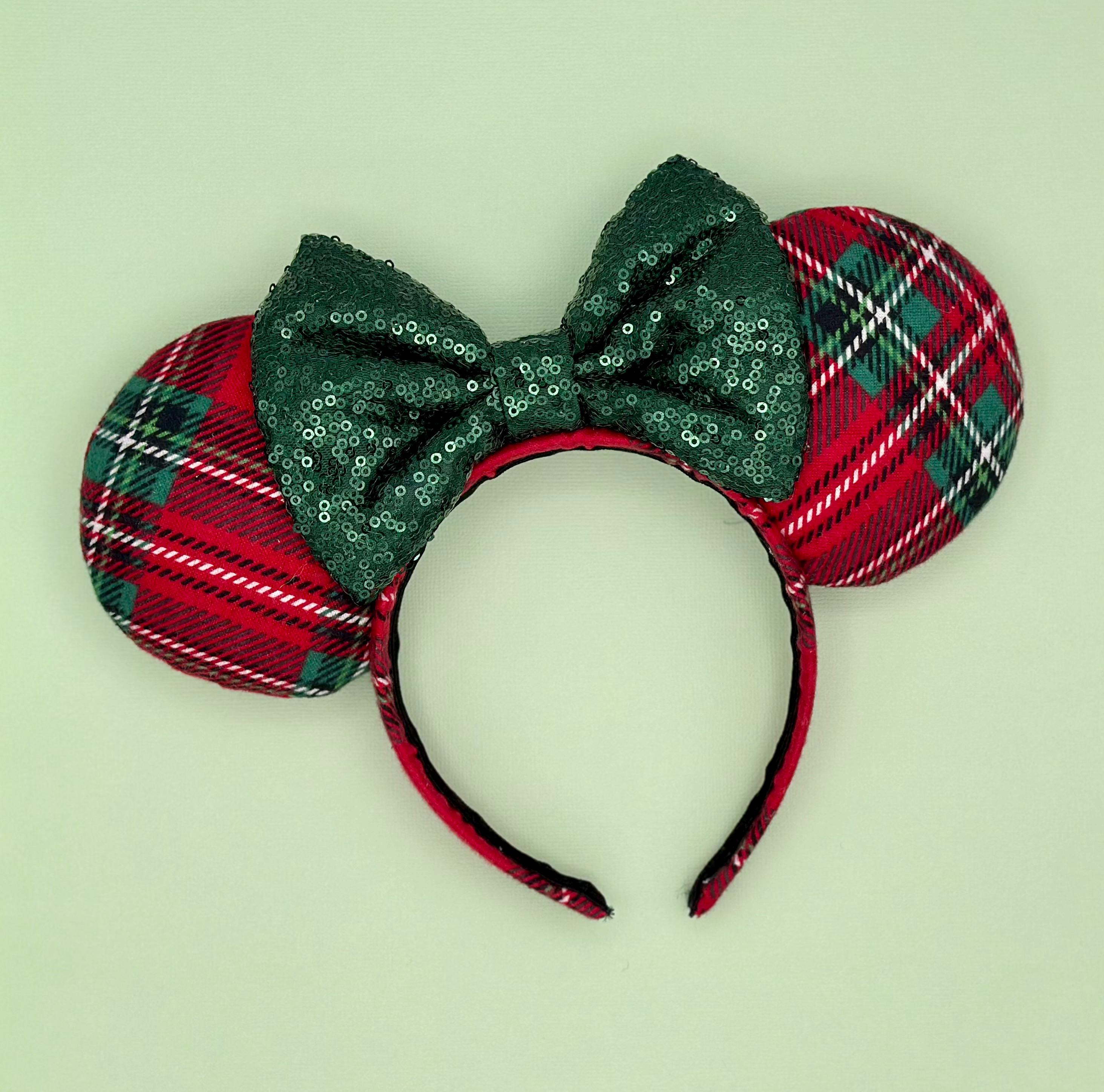 Disney Minnie Mouse Plaid Bow Mouse Ears Headband Holly Leaf Christmas Red Green Disney Minnie Mouse Ears Christmas Holiday Holly Plaid Bow  main image 3