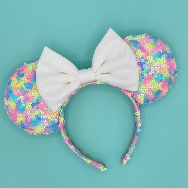 MADE TO ORDER Pastel Rainbow Sherbet Iridescent Sequin Ears | Headband Mouse Ears | Castle Sequin Ears | Princess Ears