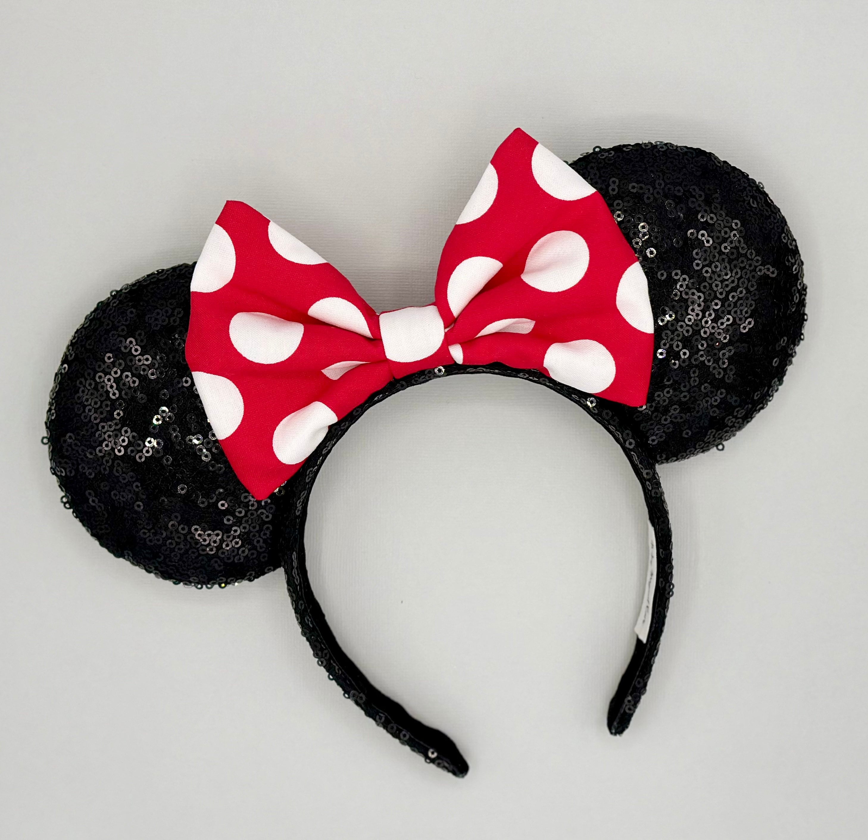 MADE TO ORDER Black Sequin Ears W/ Red Polka Dot Bow  display picture 1