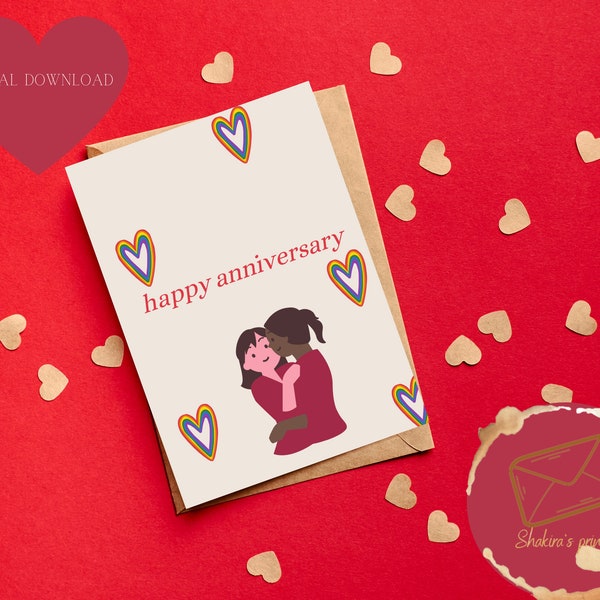 Printable Anniversary card download 7x5 inch cards for anniversary, lesbian anniversary card to download and print