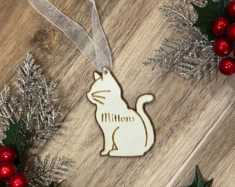 Cat Ornament, Personalized Name Laser Engraved Pet Ornament, Custom Wooden Cat Shape Ornament, Gift for Cat Lovers