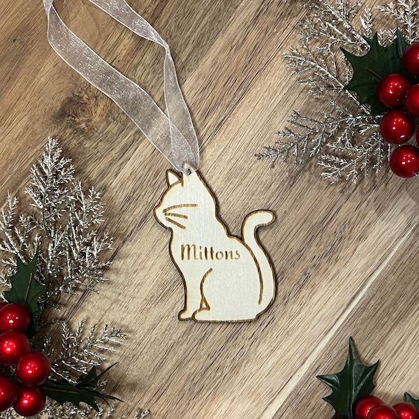 Cat Ornament, Personalized Name Laser Engraved Pet Ornament, Custom Wooden Cat Shape Ornament, Gift for Cat Lovers