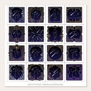 Peut inclure: Une collection de seize motifs numériques sur le thème céleste. Chaque motif présente un fond bleu foncé avec des accents dorés et blancs, représentant des étoiles filantes et des constellations dans des cadres ornés. Le texte "SVG CUT FILE • DIGITAL DOWNLOAD" est en bas.