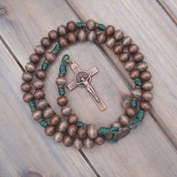 The Woodsman Catholic Rosary with exclusive wood beads, copper crucifix and center | Runewood Rosary Co. | Rosary for Men | Catholic Gift