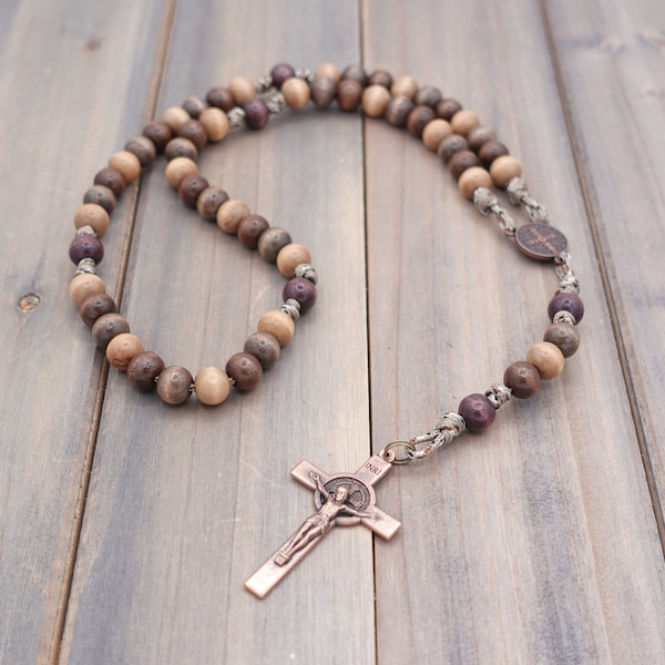 Desert Monk Catholic Rosary with brown wooden beads, St. Benedict copper crucifix and center, paracord | Runewood Rosary Co. | Catholic Gift