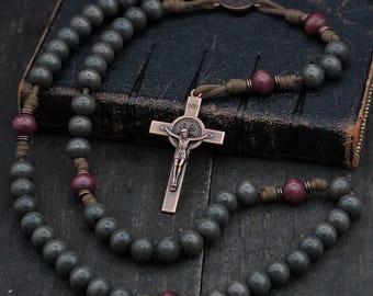 Logos Catholic Rosary with Exclusive Wood Beads, Copper Crucifix, St. Benedict Medal | Runewood Rosary Co. | Catholic Gift | Medieval