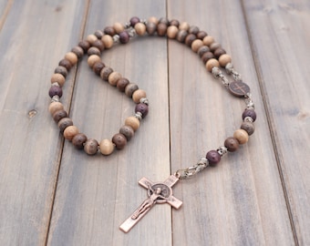 Desert Monk Catholic Rosary with brown wooden beads, St. Benedict copper crucifix and center, paracord | Runewood Rosary Co. | Catholic Gift