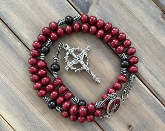 St. Michael Catholic Rosary with red beads, black beads, silver cross - Rosary for men - Runewood Rosary Co. - Catholic gift - Medieval -