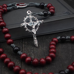 St. Michael Catholic Rosary with red beads, black beads, silver cross - Rosary for men - Runewood Rosary Co. - Catholic gift - Medieval -