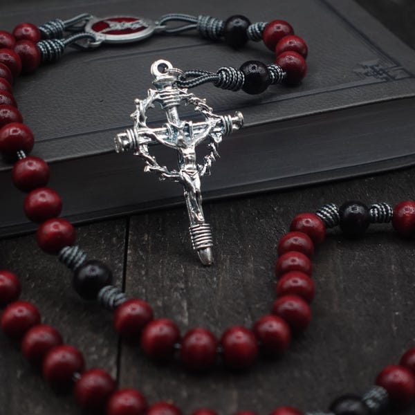 St. Michael Catholic Rosary with red beads, black beads, silver cross - Rosary for men - Runewood Rosary Co. - Catholic gift - Medieval -