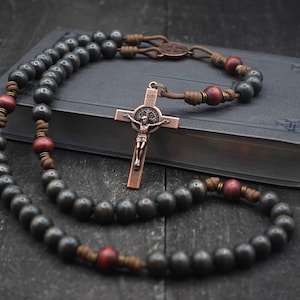 Logos Catholic Rosary with Exclusive Wood Beads, Copper Crucifix, St. Benedict Medal | Runewood Rosary Co. | Catholic Gift | Medieval