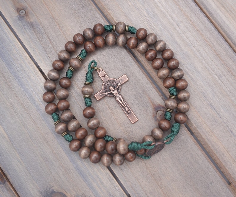 The Woodsman Catholic Rosary with exclusive wood beads, copper crucifix and center Runewood Rosary Co. Rosary for Men Catholic Gift image 1