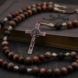 Desert Monk Catholic Rosary with brown wooden beads, St. Benedict copper crucifix and center, paracord | Runewood Rosary Co. | Catholic Gift