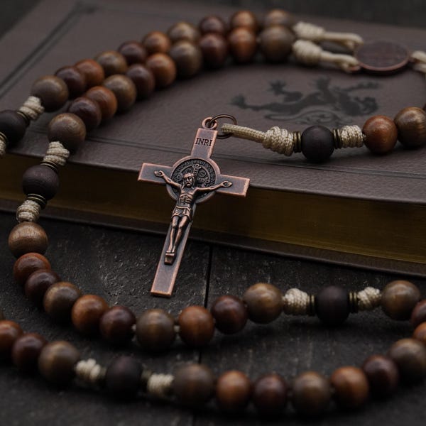 Desert Monk Catholic Rosary with brown wooden beads, St. Benedict copper crucifix and center, paracord | Runewood Rosary Co. | Catholic Gift