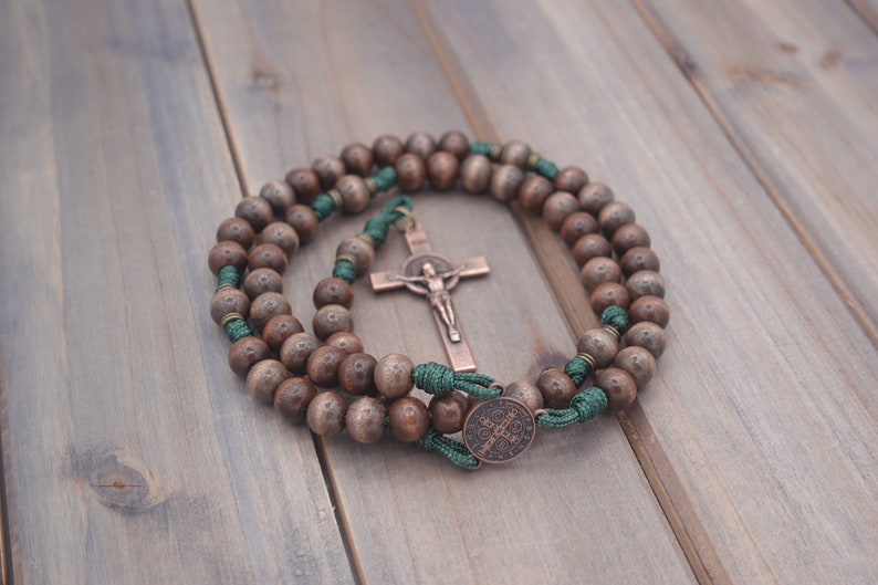 The Woodsman Catholic Rosary with exclusive wood beads, copper crucifix and center Runewood Rosary Co. Rosary for Men Catholic Gift image 3