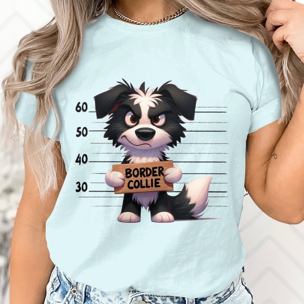 Cute Border Collie Mugshot T-Shirt, Funny Dog Lover Tee, Pet Humor Graphic Shirt, Unisex Adult Clothing, Gift for Canine Fans