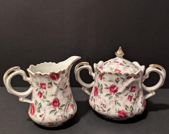 Lefton Creamer and Sugar, Chintz Rose