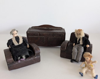 Doll House Furniture With English Dolls, Antique