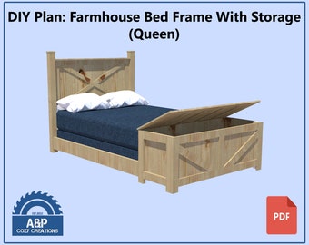 May include: DIY plan for a queen-sized farmhouse bed frame with storage. The bed frame is made of wood and has a light brown finish. The headboard has a simple X-shaped design. The footboard has a storage compartment with a hinged lid.