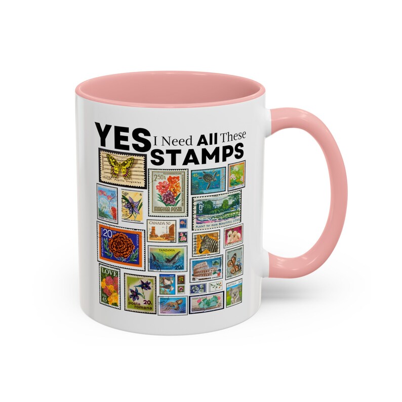Stamp Collector Coffee Mug: "Yes I Do Need All These Stamps" Two-Tone Mug image 5