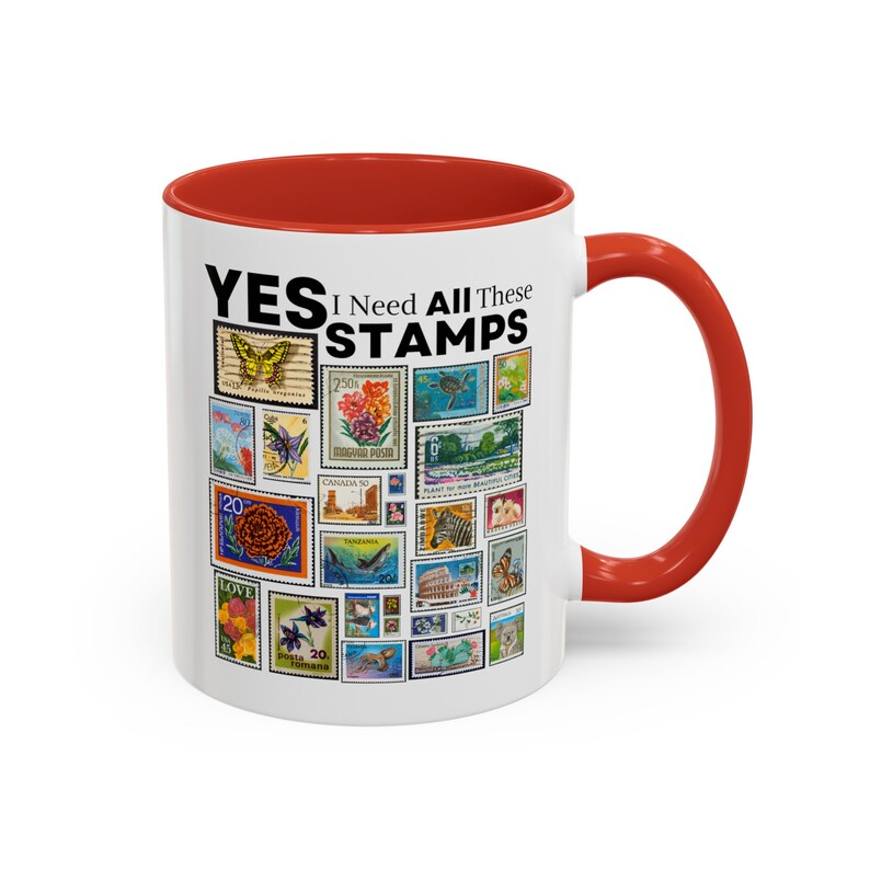 Stamp Collector Coffee Mug: "Yes I Do Need All These Stamps" Two-Tone Mug image 6