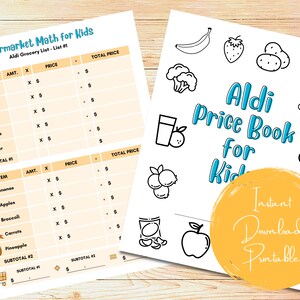 May include: A printable worksheet for kids to practice math skills. The worksheet features a grocery list with items like yogurt, milk, eggs, cheese, and butter. There are spaces to write in the quantity, price, and total price for each item. The worksheet also includes a section for a subtotal.