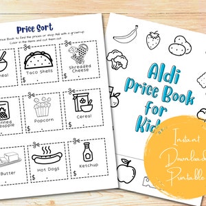 May include: A printable price book for kids featuring a black and white illustration of various grocery items from Aldi. The title of the book is "Aldi Price Book for Kids".
