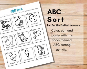 ABC Sorting with Food/Color, Cut, and Paste Activities for Early Learners/Kid-Friendly Supermarket-Themed Preschool Printable/Homeschool