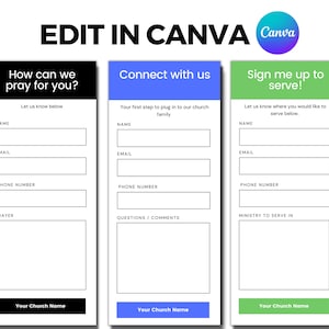 Könnte beinhalten: Drei schwarze, blaue und grüne Anmeldeformulare mit dem Text "Wie können wir für Sie beten?", "Verbinden Sie sich mit uns" und "Melden Sie sich zum Dienst an!" Jedes Formular enthält Felder für Name, E-Mail, Telefonnummer und einen Platz für zusätzliche Informationen. Am unteren Rand jedes Formulars steht der Text "Ihr Kirchenname".