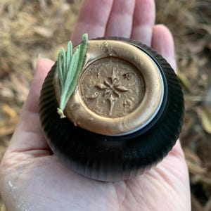 May include: A small, round, black container with a ribbed texture, topped with a circular gold wax seal featuring a star-shaped emblem. A single sprig of green rosemary is pressed into the side of the gold wax seal, resting against the black lid.