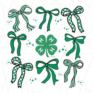 Puede incluir: Ilustración digital de lazos verdes con varios patrones y un emblema de trébol de cuatro hojas. Los lazos tienen diseños verdes lisos, a rayas y a cuadros. El trébol tiene las letras "4-H" en cada hoja.