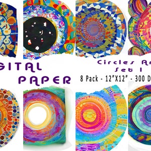 May include: A set of eight digital papers featuring colorful abstract circle designs. Each paper is 12 inches by 12 inches and 300 DPI. The papers are in JPEG format.