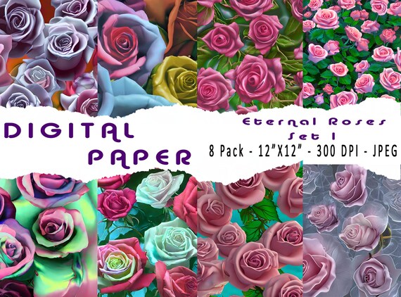 Purple Digital Paper, Floral Scrapbook Paper Pack, Rose Digital