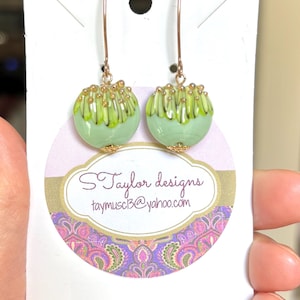 Handmade Lampwork Glass Earrings – Green Floral Beads with Gold Accents | Lightweight Drop Earrings | Artisan Jewelry Gift for Her