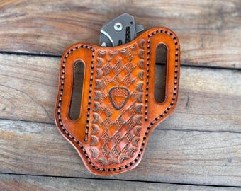 Hand Stitched Leather Pancake Knife Sheath. Full Grain Leather. Belt Carry