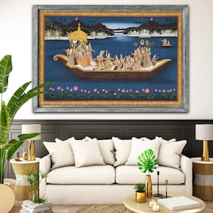 Radha Krishna With Gopis &#39;Nauka Vihar&#39; Handmade Pichwai Painting On Cloth, Krishna Painting, Indian God Painting, Handmade Art, Home Decor