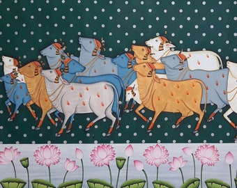 Hand-Painted Pichwai Cow Painting on Cloth: Indian Home Decor Art