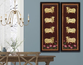Hand Painted Cows Pichwai Painting: Traditional Indian Art, Gold Foil on Cloth
