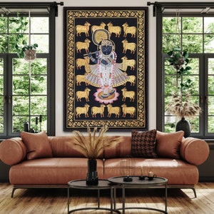 Lord Shrinathji Pichwai Painting: Golden Cows, Traditional Indian Art