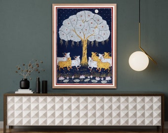 Hand Painted Cows Pichwai Painting: Traditional Indian Art (18x25 Inch)
