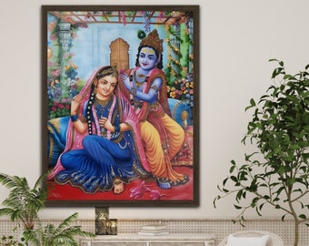 Radha Krishna Oil Painting on Canvas: Hindu God Art, Indian Folk Art