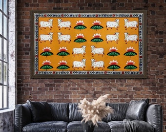 Hand Painted Pichwai Painting: Holy Cows Kamal Talai, Traditional Indian Art