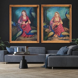 Indian Lady with Peacock Oil Painting Set: Traditional Wall Art (36x48 Inch)