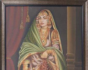 Mughal Period Portrait &quot;Amritsar&#39;s Maharani&quot; Indian Miniature Handmade Painting on Oil Canvas.